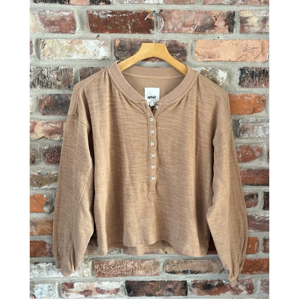 Aerie Tan Boxy Henley Long Sleeve Shirt Top, M